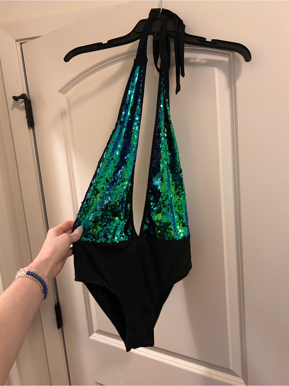 Dolls Kill Black Halter Bodysuit with Green and Blue Sequins